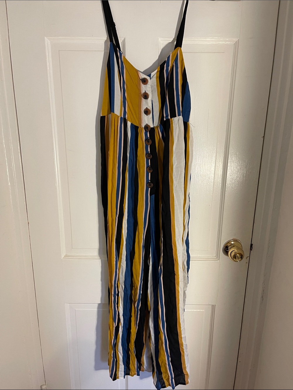 Urban Outfitters Striped Button-Front Spaghetti Strap Jumpsuit in Mustard & Navy